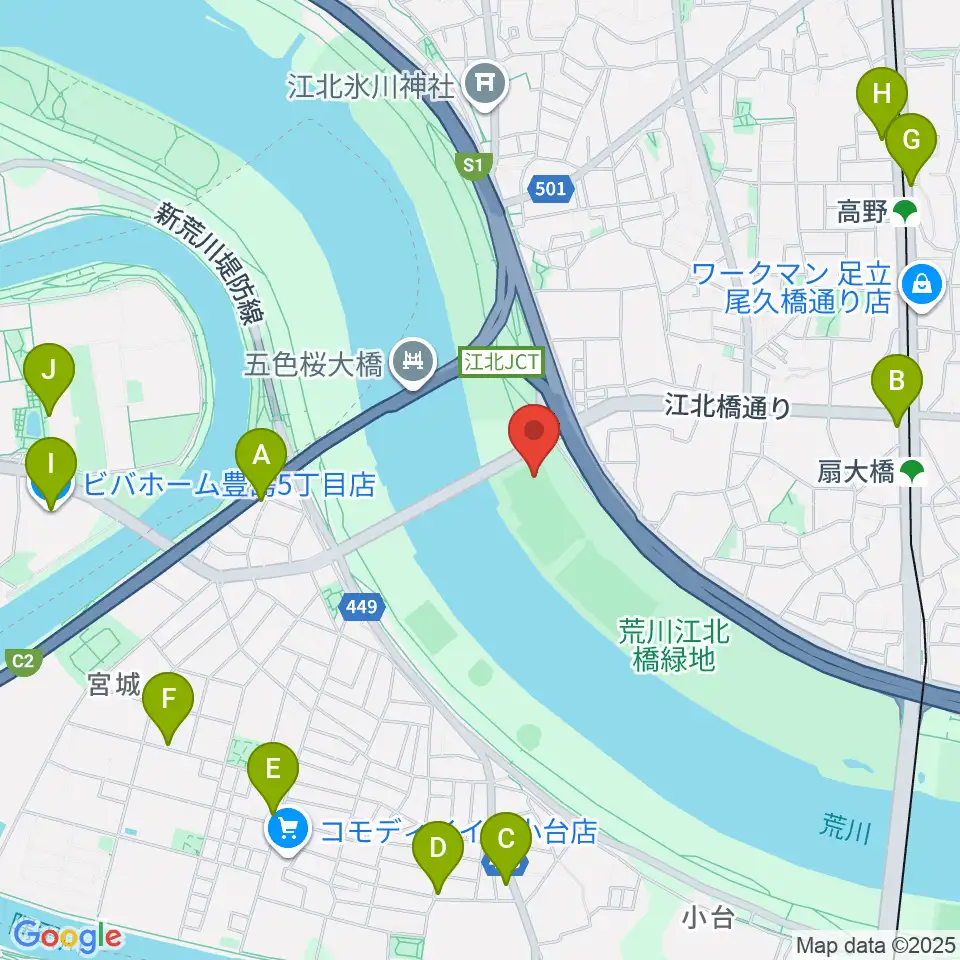 江北橋緑地左岸野球場周辺のカフェ一覧地図