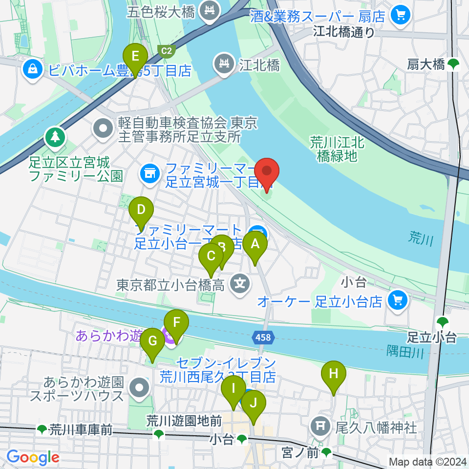 江北橋緑地右岸野球場周辺のカフェ一覧地図