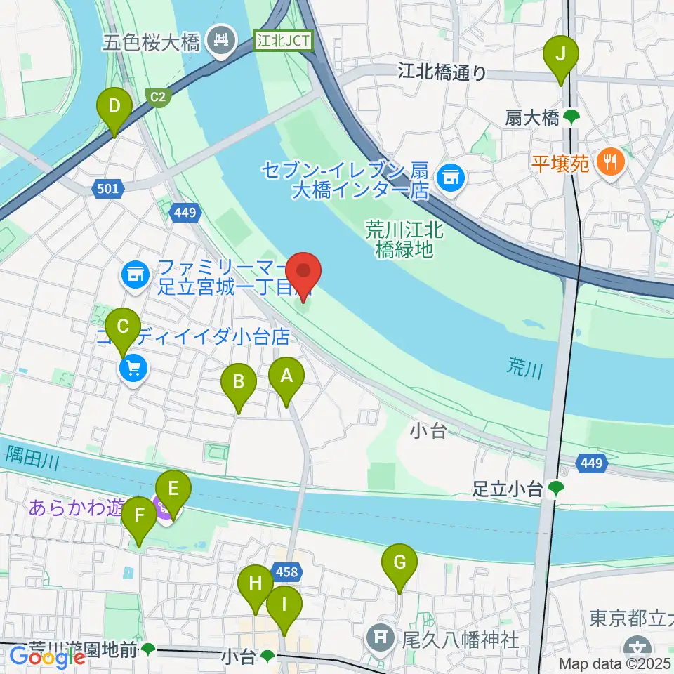 江北橋緑地右岸野球場周辺のカフェ一覧地図