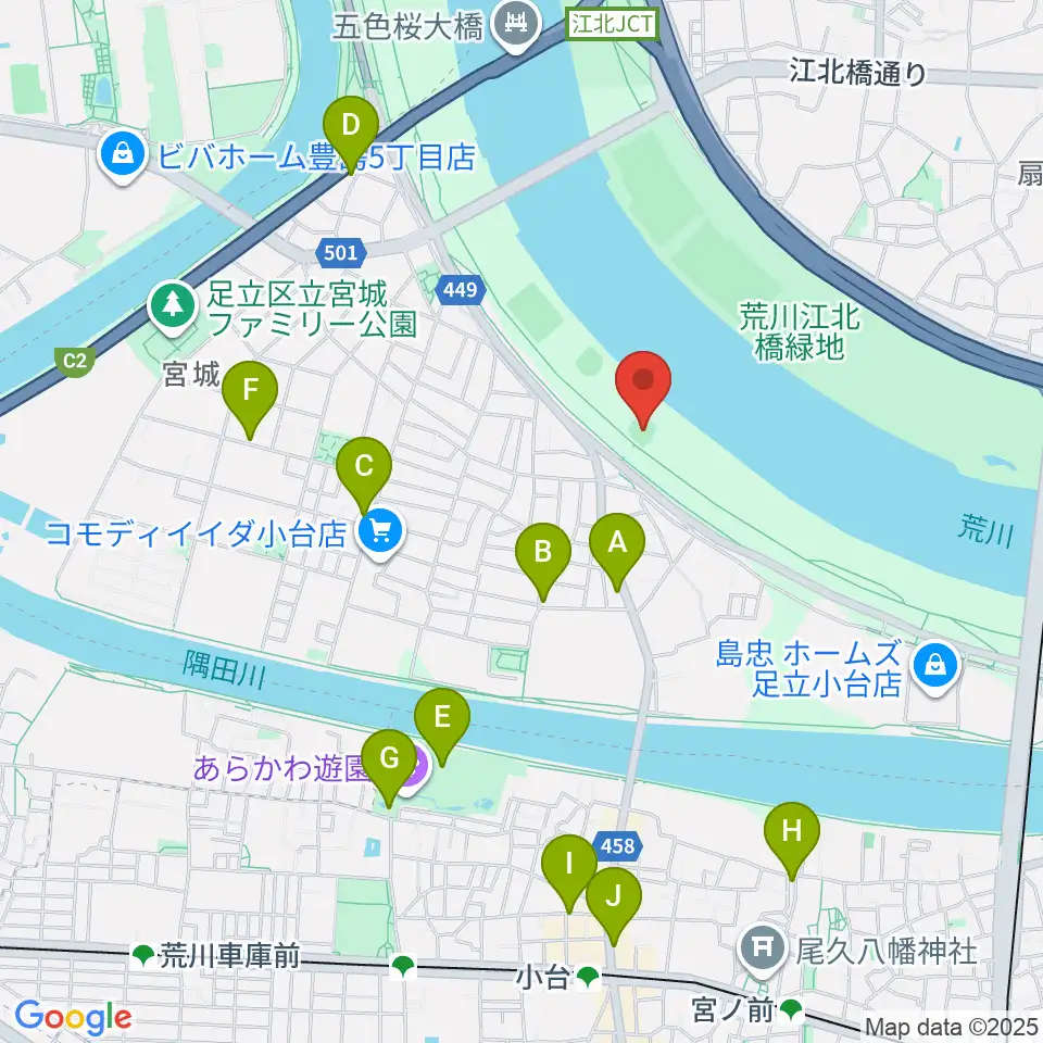 江北橋緑地右岸野球場周辺のカフェ一覧地図