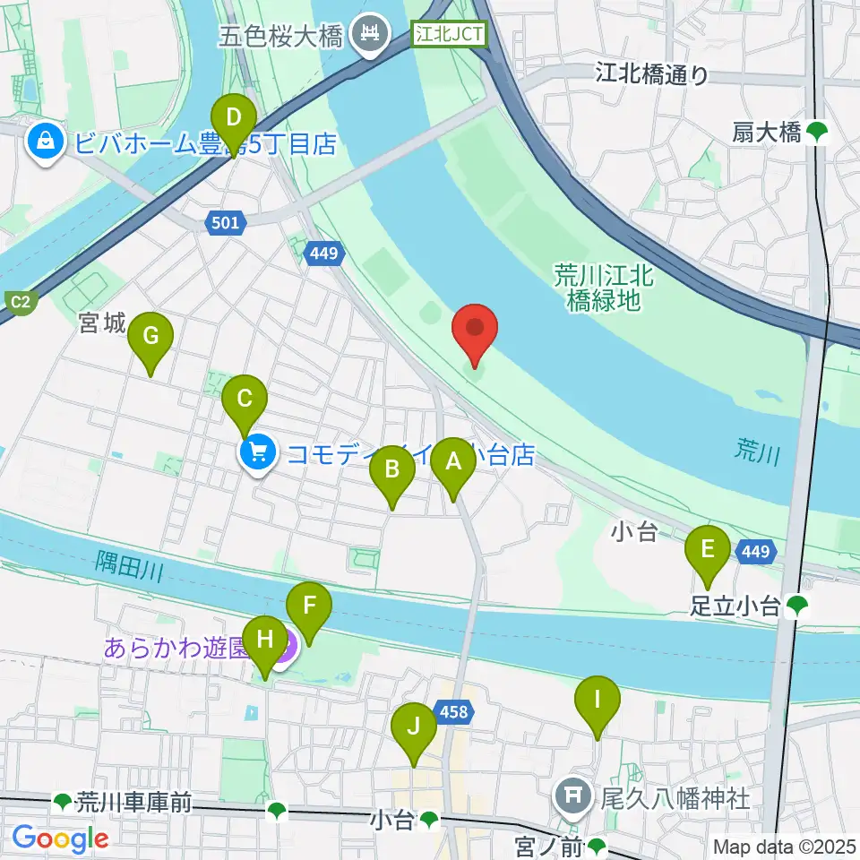 江北橋緑地右岸野球場周辺のカフェ一覧地図