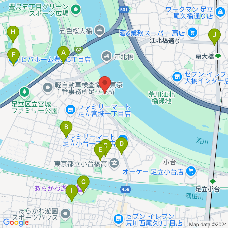 江北橋緑地右岸球技場周辺のカフェ一覧地図