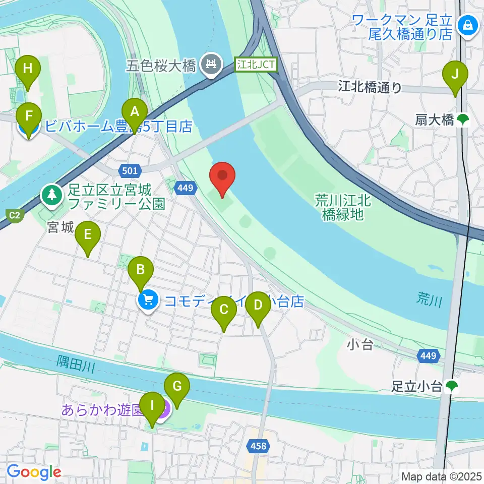 江北橋緑地右岸球技場周辺のカフェ一覧地図