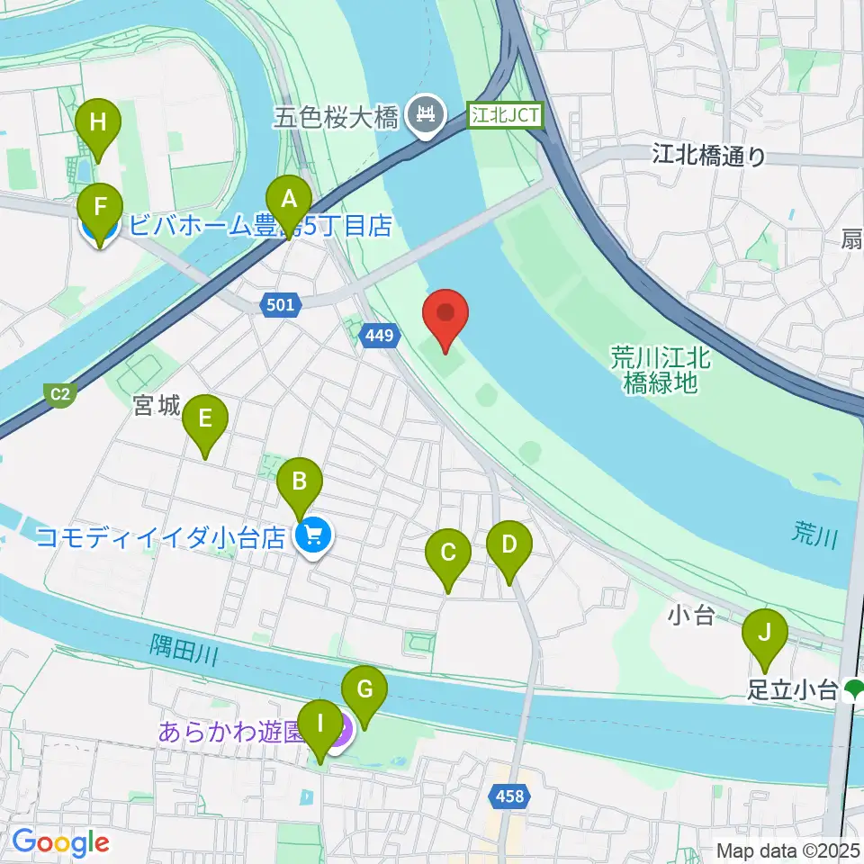 江北橋緑地右岸球技場周辺のカフェ一覧地図