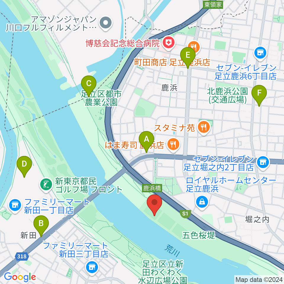 鹿浜橋緑地野球場周辺のカフェ一覧地図