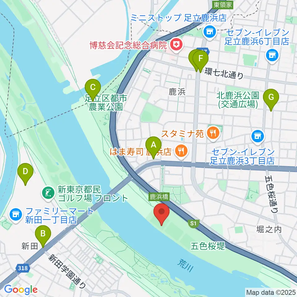 鹿浜橋緑地野球場周辺のカフェ一覧地図