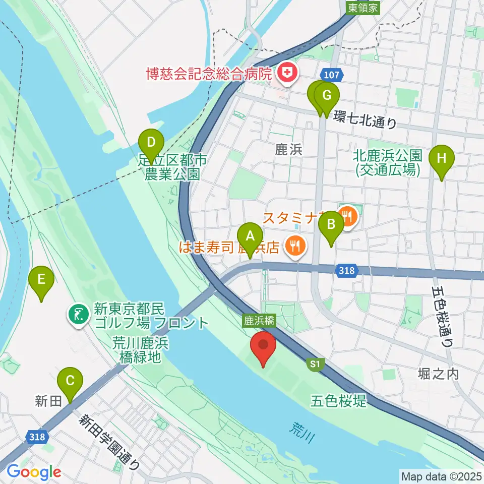 鹿浜橋緑地野球場周辺のカフェ一覧地図