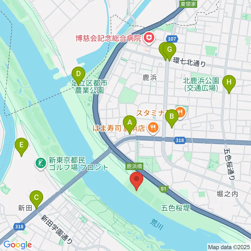 鹿浜橋緑地野球場周辺のカフェ一覧地図