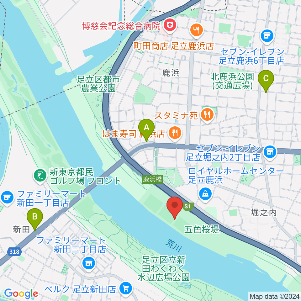 鹿浜橋緑地球技場周辺のカフェ一覧地図