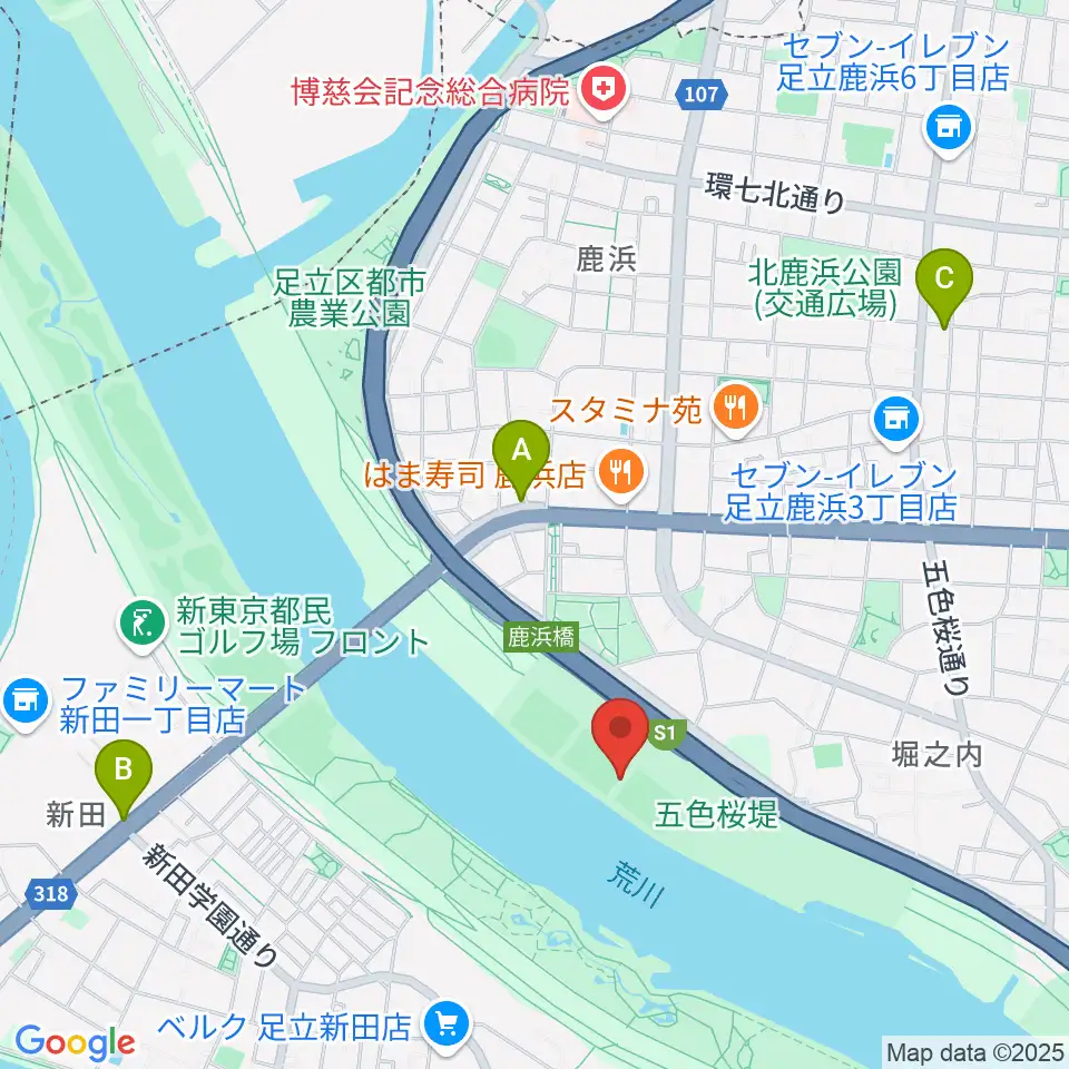 鹿浜橋緑地球技場周辺のカフェ一覧地図