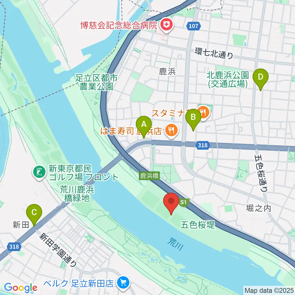 鹿浜橋緑地球技場周辺のカフェ一覧地図