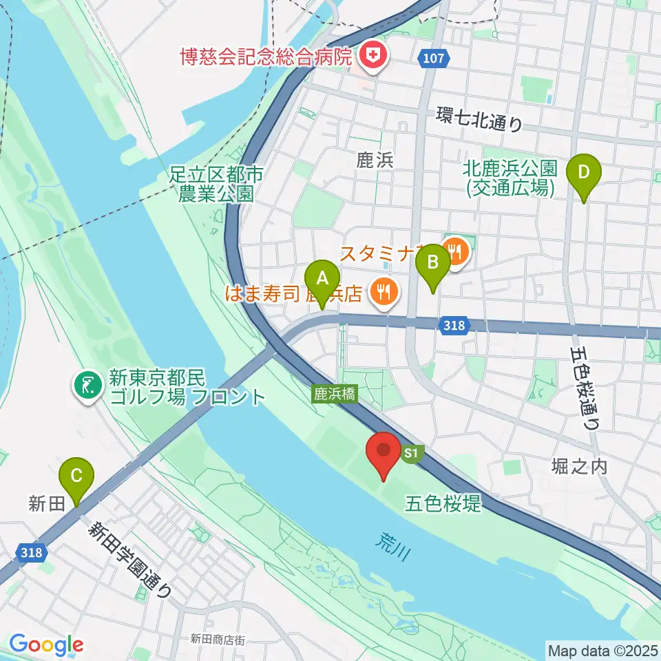 鹿浜橋緑地球技場周辺のカフェ一覧地図