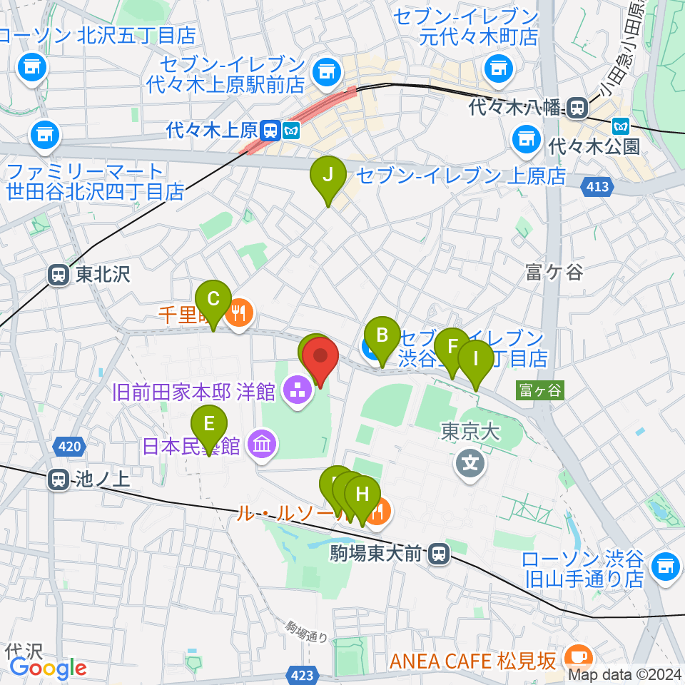 日本近代文学館周辺のカフェ一覧地図