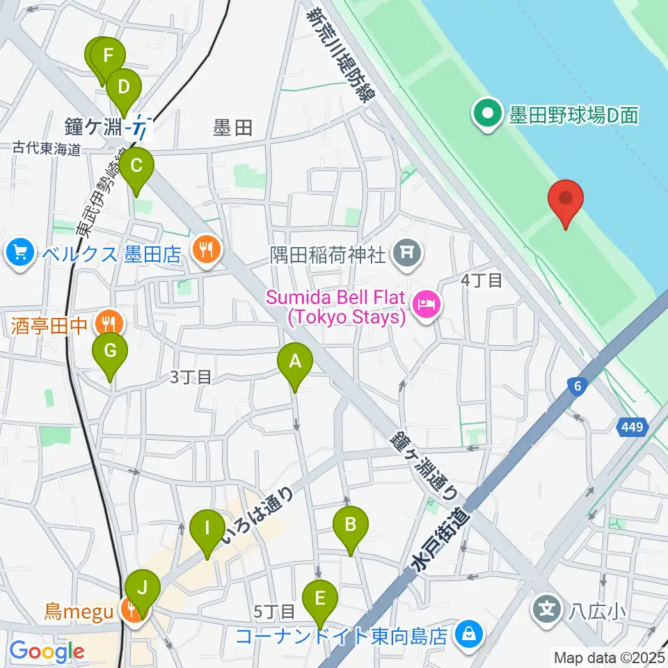 墨田野球場周辺のカフェ一覧地図