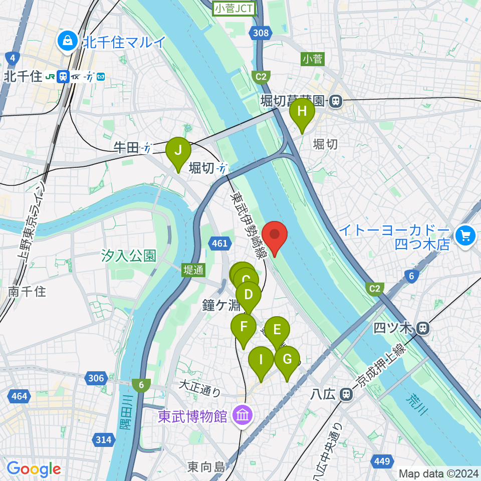 荒川四ツ木橋緑地野球場周辺のカフェ一覧地図