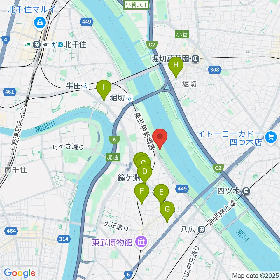 荒川四ツ木橋緑地野球場周辺のカフェ一覧地図