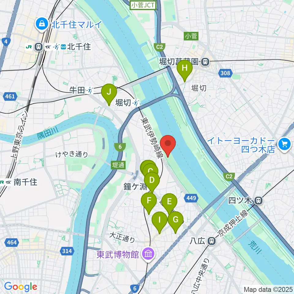 荒川四ツ木橋緑地野球場周辺のカフェ一覧地図