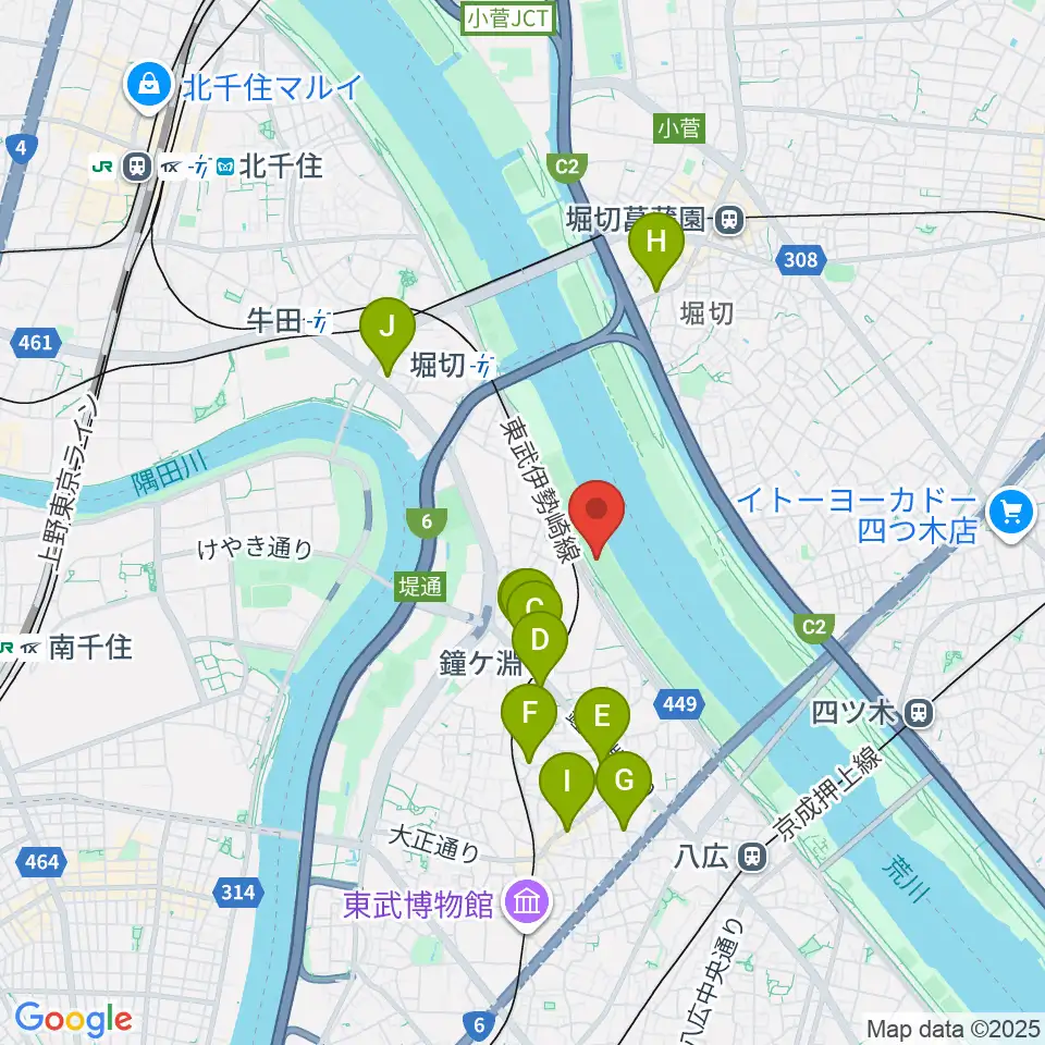 荒川四ツ木橋緑地野球場周辺のカフェ一覧地図