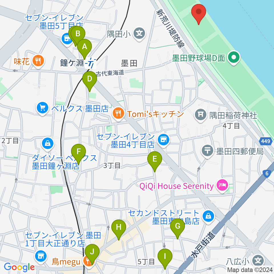 荒川四ツ木橋緑地球技場周辺のカフェ一覧地図