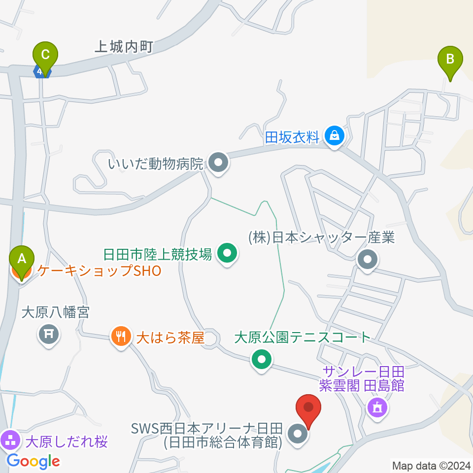 SWS西日本アリーナ日田周辺のカフェ一覧地図