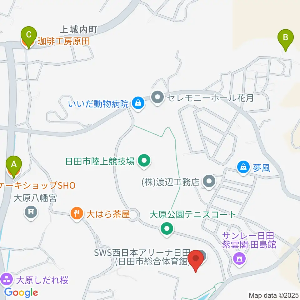 SWS西日本アリーナ日田周辺のカフェ一覧地図
