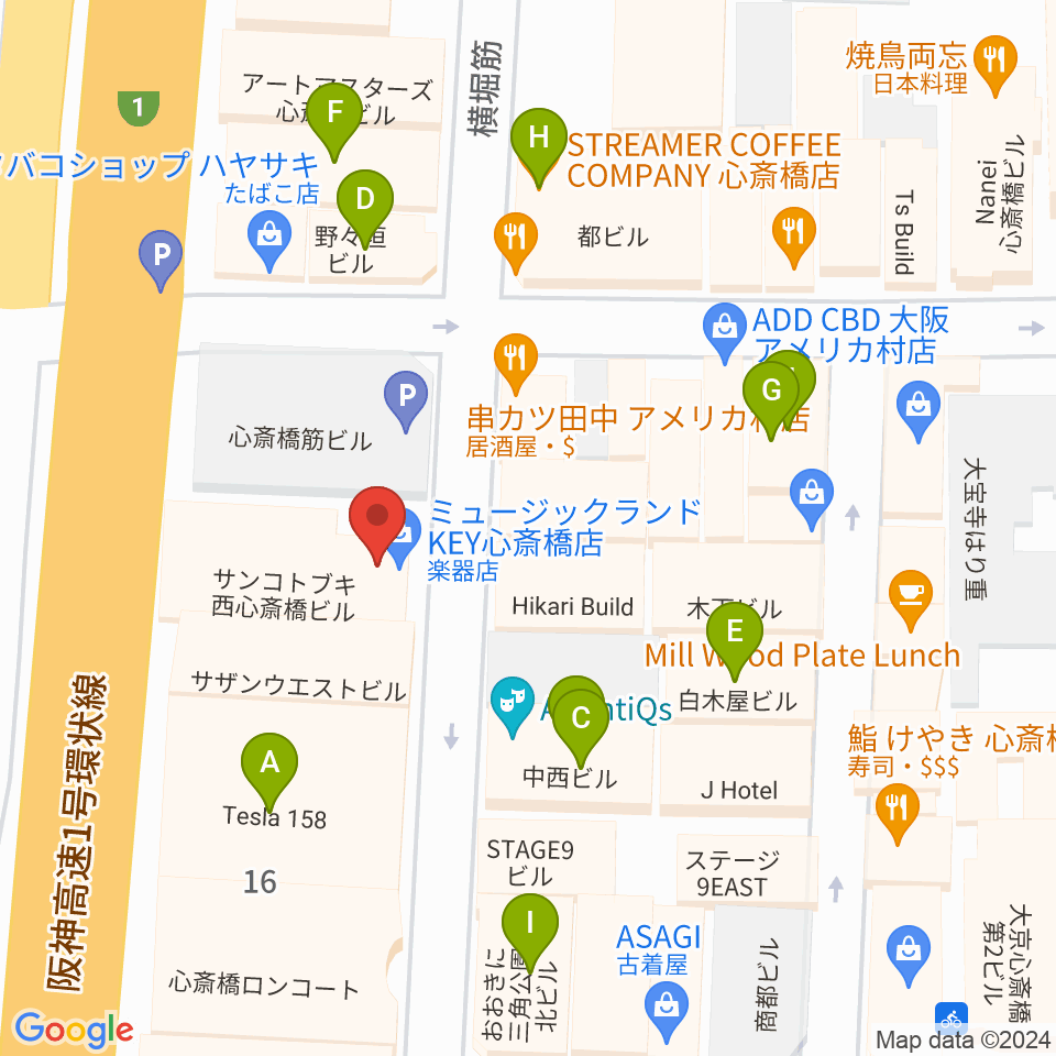 ミュージックランドKEY心斎橋店周辺のカフェ一覧地図