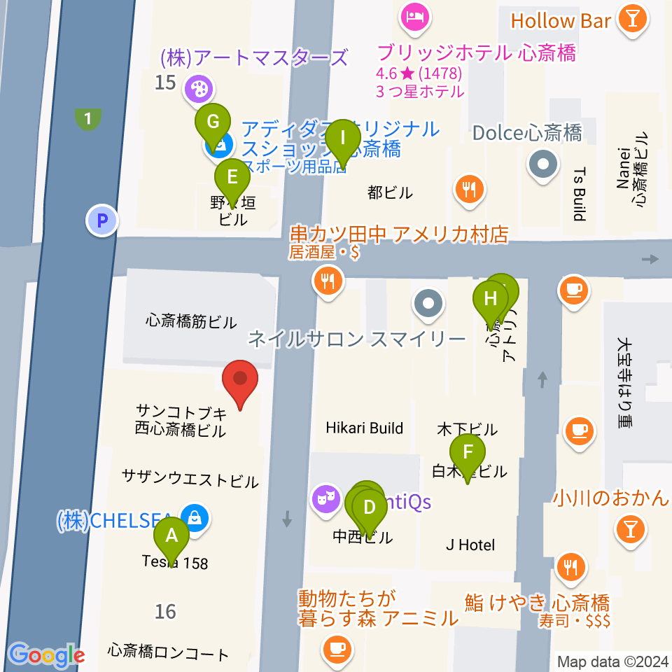 ミュージックランドKEY心斎橋店周辺のカフェ一覧地図