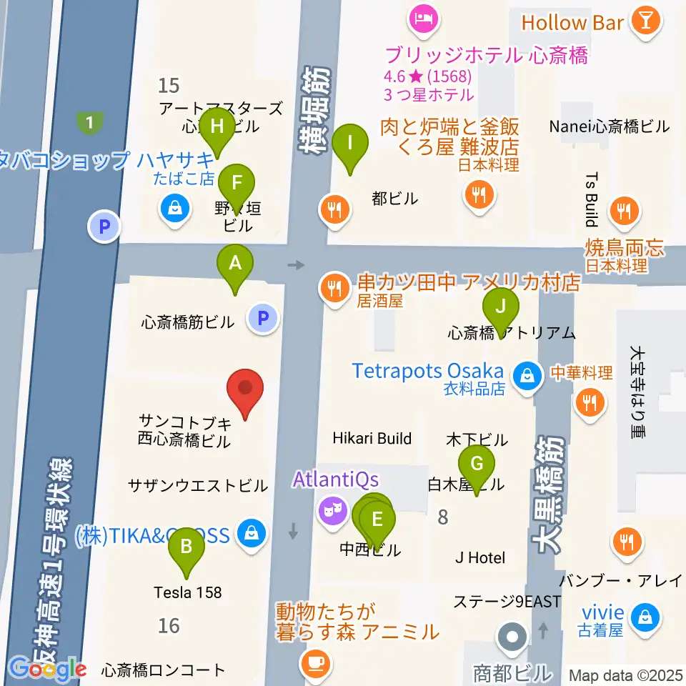 ミュージックランドKEY心斎橋店周辺のカフェ一覧地図