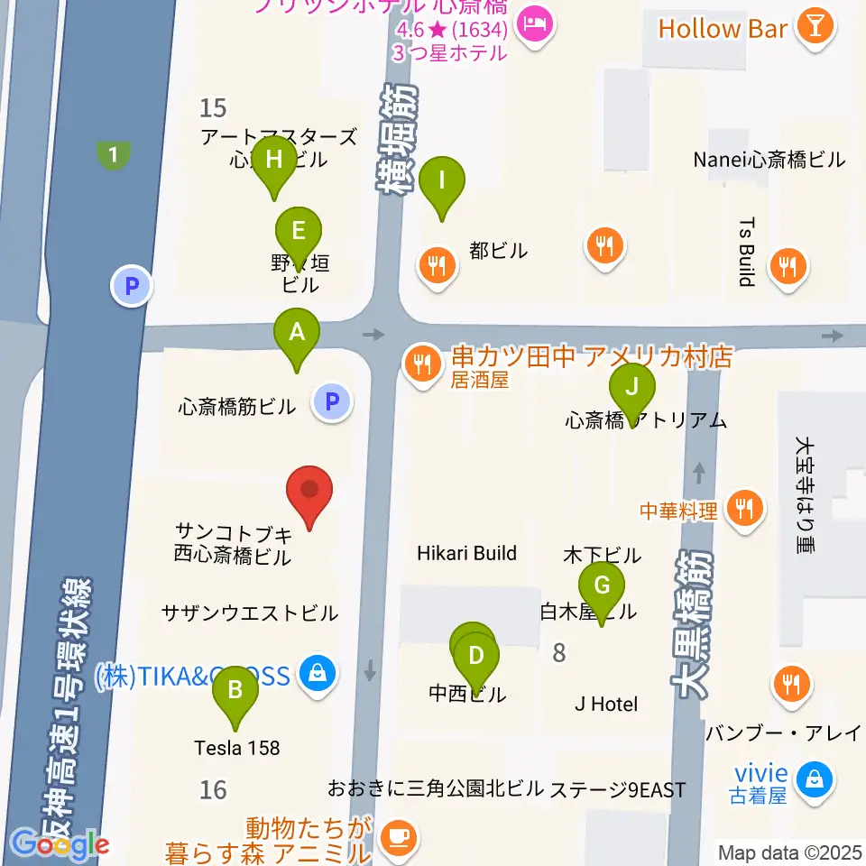 ミュージックランドKEY心斎橋店周辺のカフェ一覧地図
