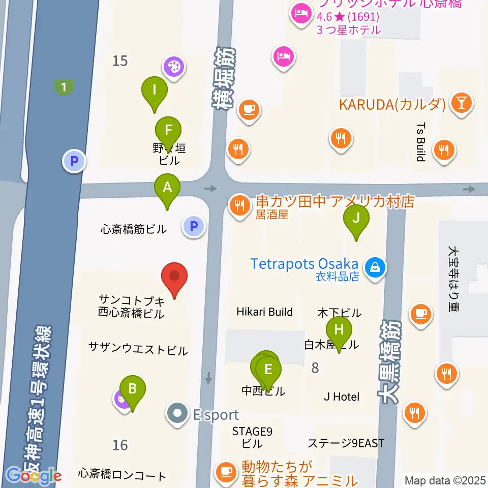 ミュージックランドKEY心斎橋店周辺のカフェ一覧地図