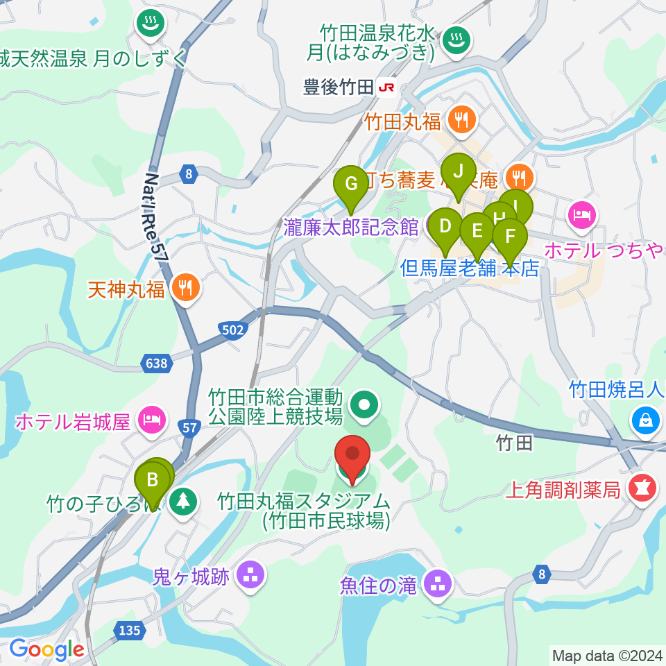 竹田丸福スタジアム周辺のカフェ一覧地図