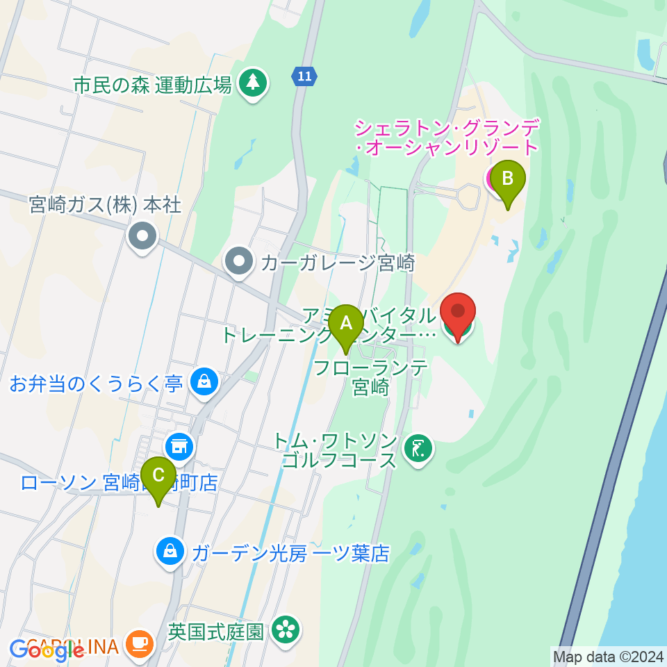 アミノバイタルトレーニングセンター宮崎周辺のカフェ一覧地図