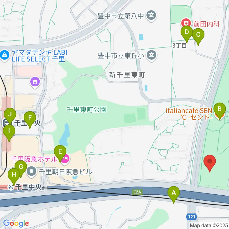 豊泉家千里体育館周辺のカフェ一覧地図