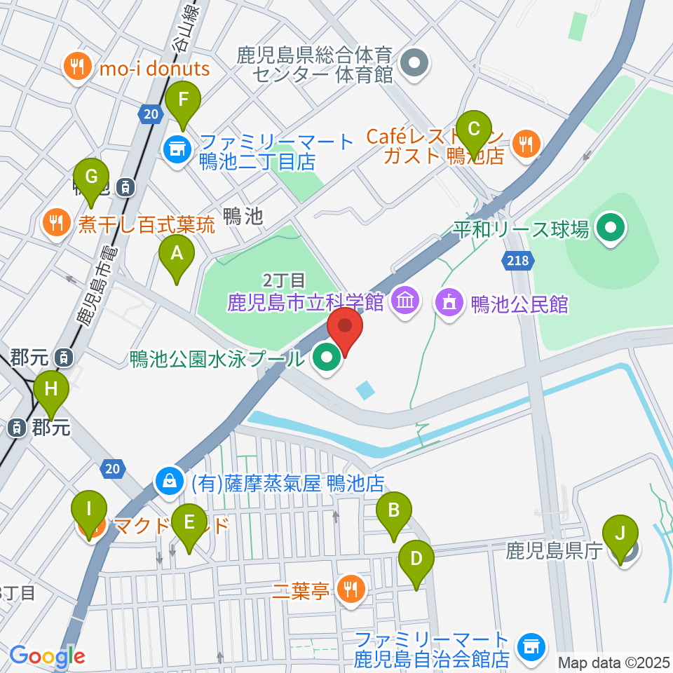 鴨池公園水泳プール周辺のカフェ一覧地図