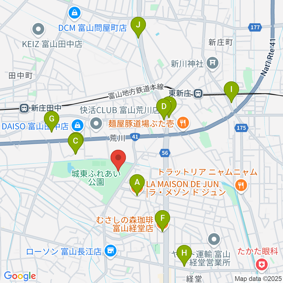 富山市民プール周辺のカフェ一覧地図