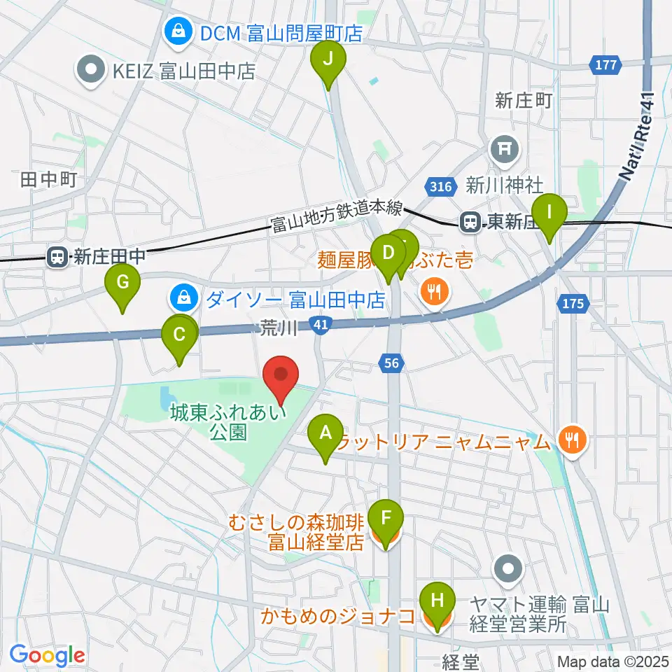 富山市民プール周辺のカフェ一覧地図