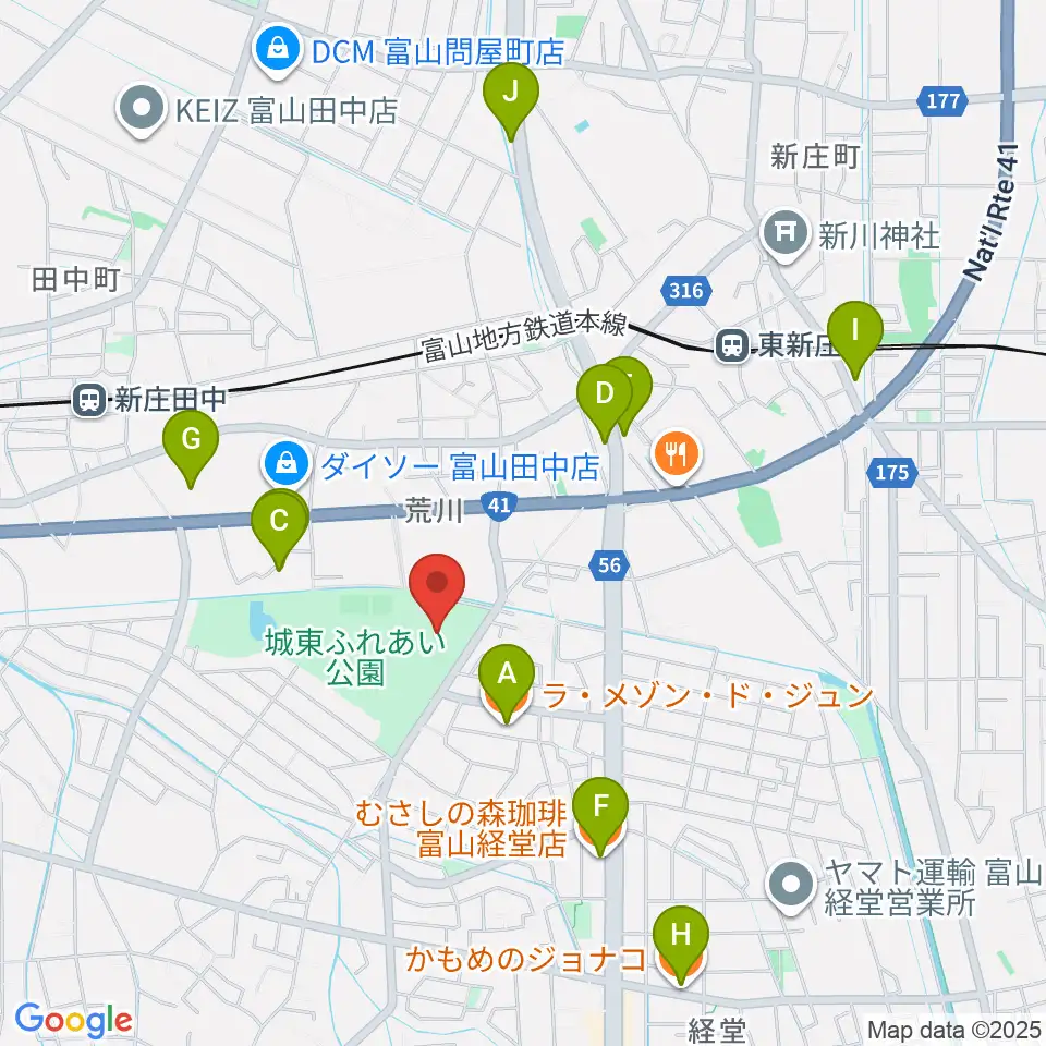 富山市民プール周辺のカフェ一覧地図