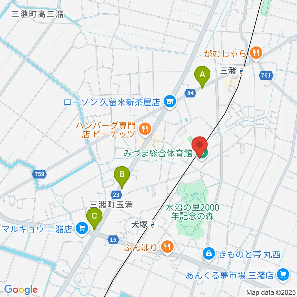 久留米市みづま総合体育館周辺のカフェ一覧地図