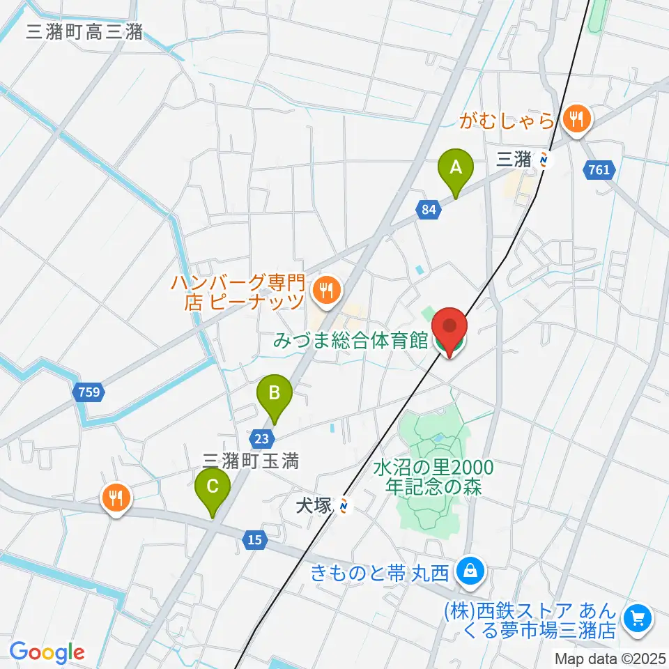 久留米市みづま総合体育館周辺のカフェ一覧地図
