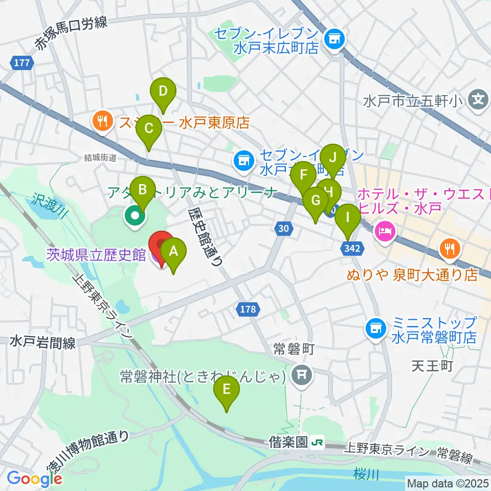 茨城県立歴史館周辺のカフェ一覧地図
