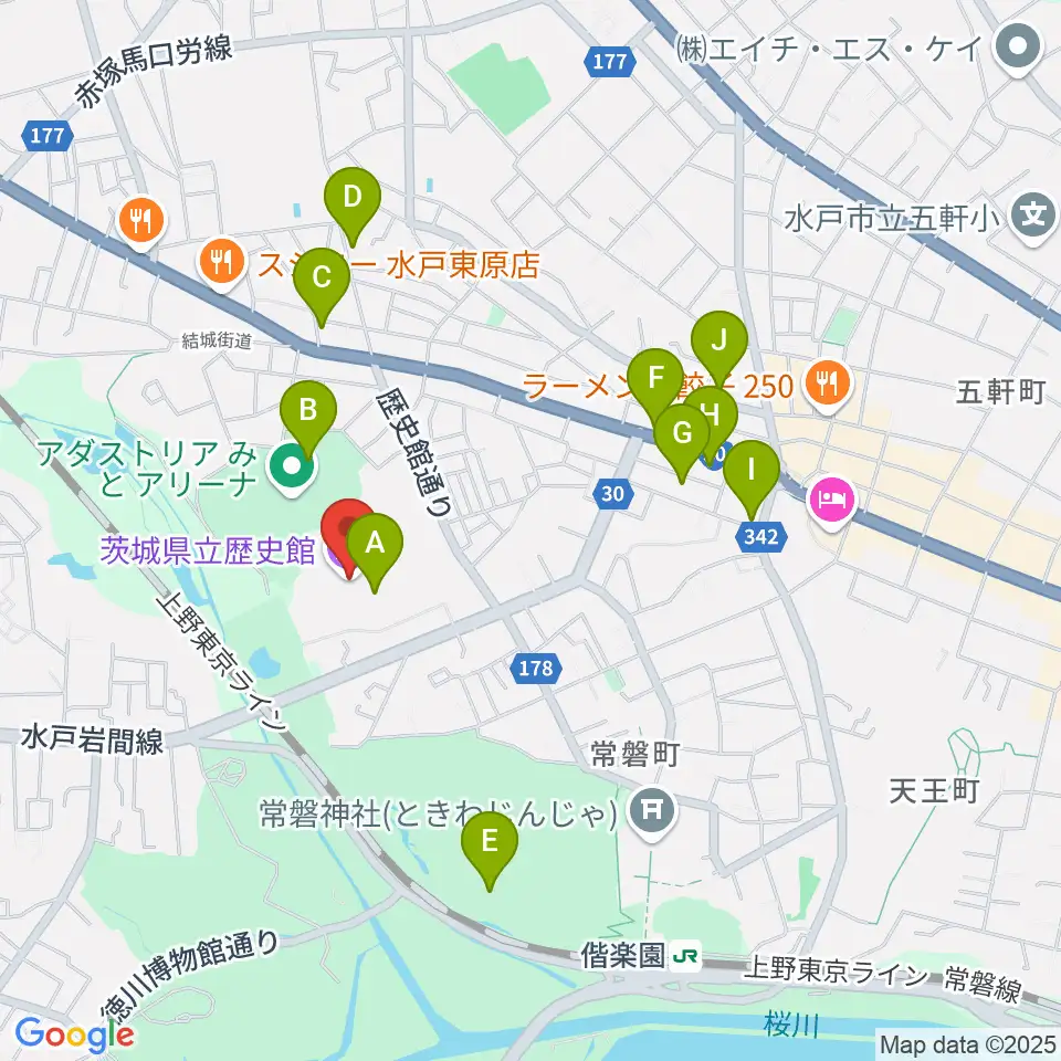 茨城県立歴史館周辺のカフェ一覧地図