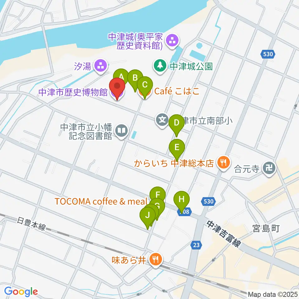 中津市歴史博物館周辺のカフェ一覧地図