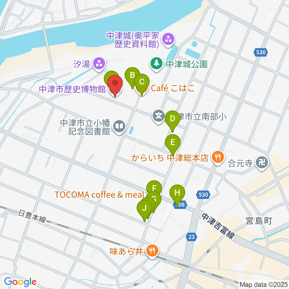 中津市歴史博物館周辺のカフェ一覧地図