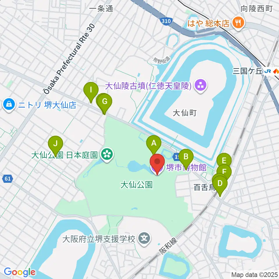 堺市博物館周辺のカフェ一覧地図