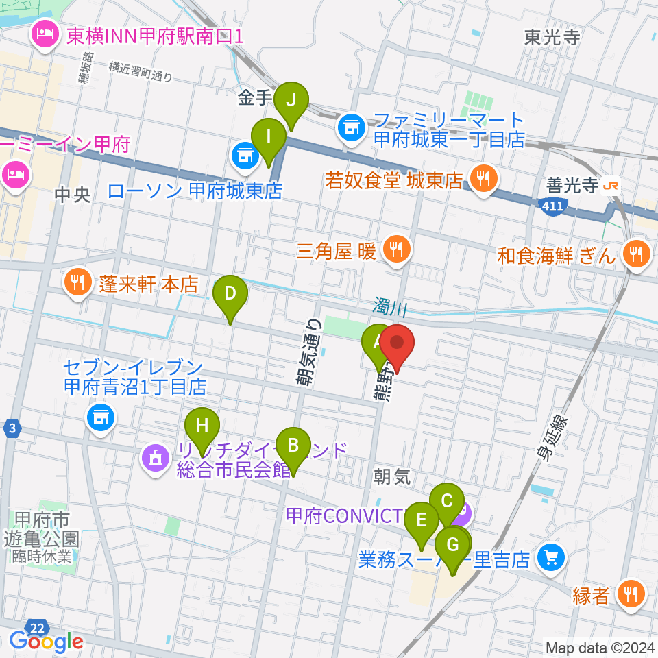 山梨平和ミュージアム 石橋湛山記念館周辺のカフェ一覧地図