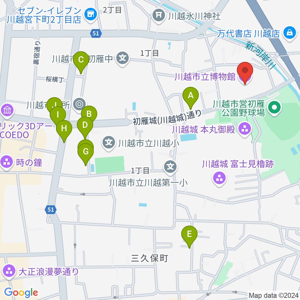 川越市立博物館周辺のカフェ一覧地図