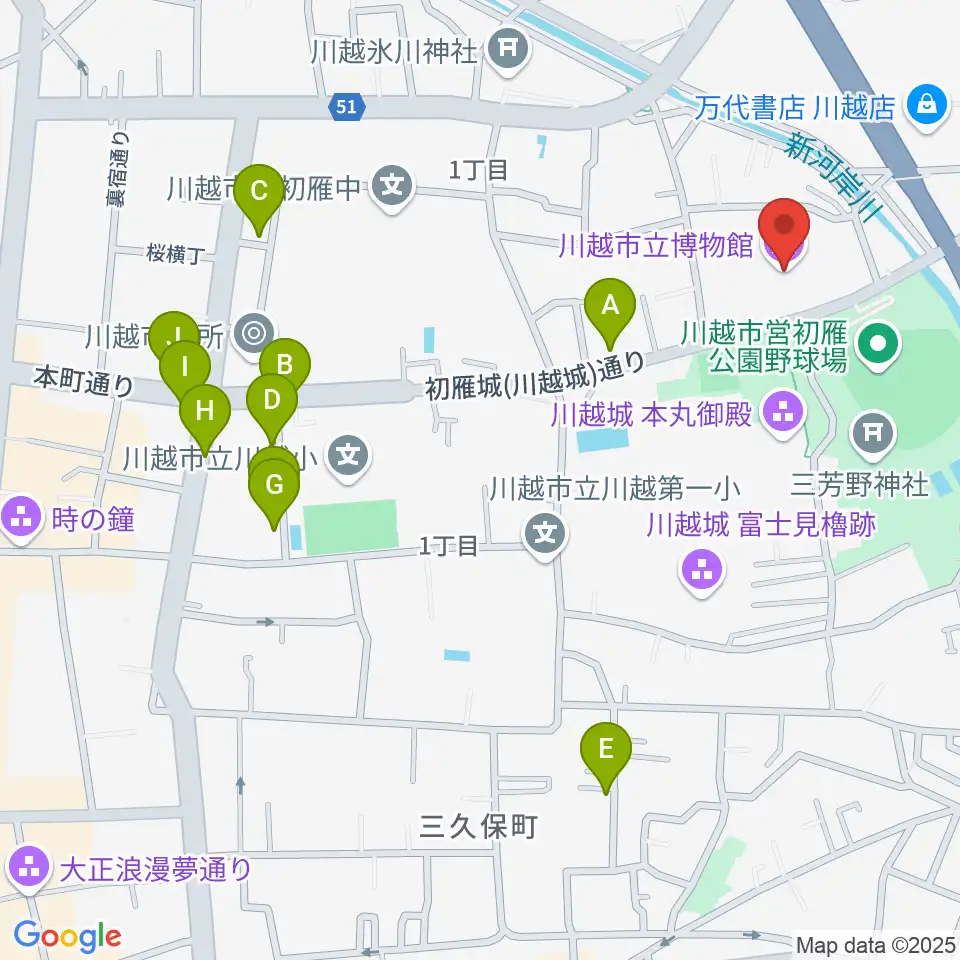 川越市立博物館周辺のカフェ一覧地図