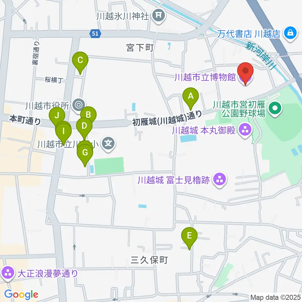 川越市立博物館周辺のカフェ一覧地図