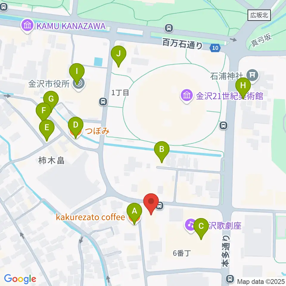 金沢ふるさと偉人館周辺のカフェ一覧地図