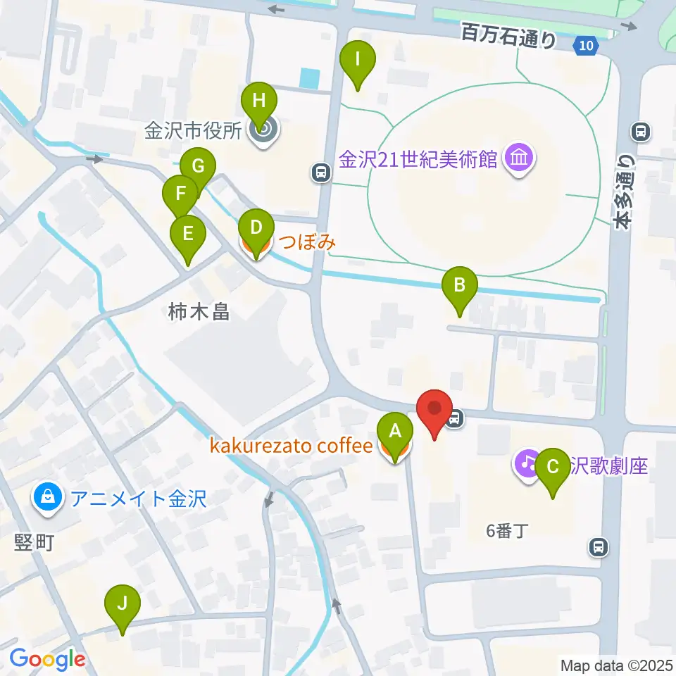 金沢ふるさと偉人館周辺のカフェ一覧地図